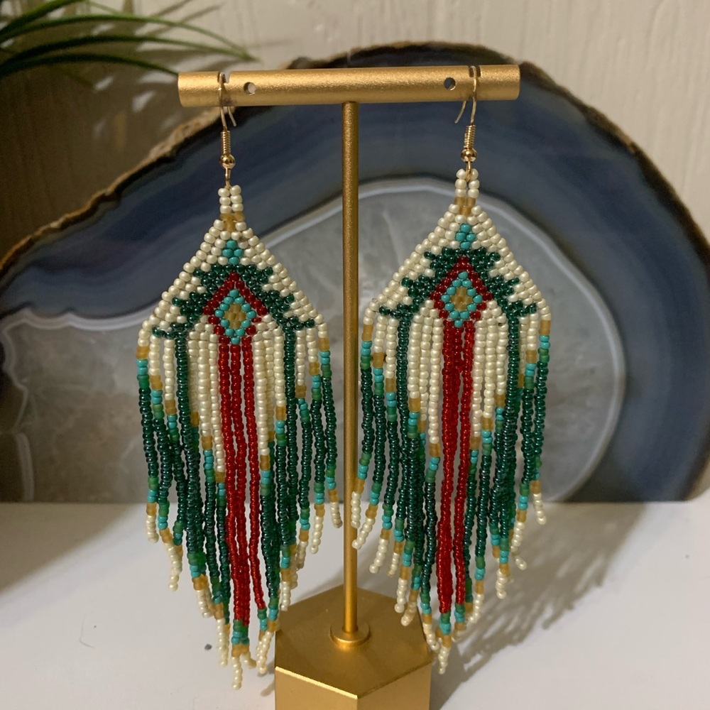 Elegant Beaded Earrings with Red and Green Beads